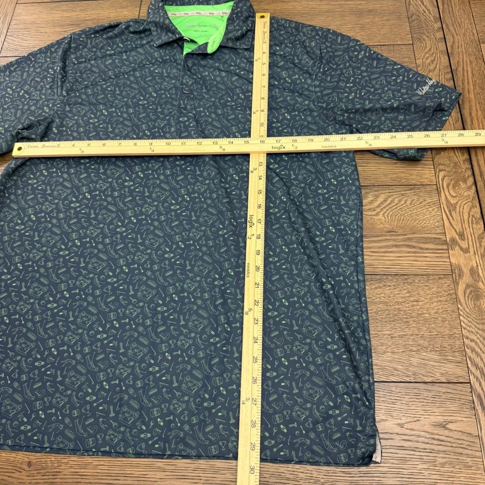 Walter Hagen Mens Navy Blue Lime Green Novelty Golf Print Polo Shirt Large